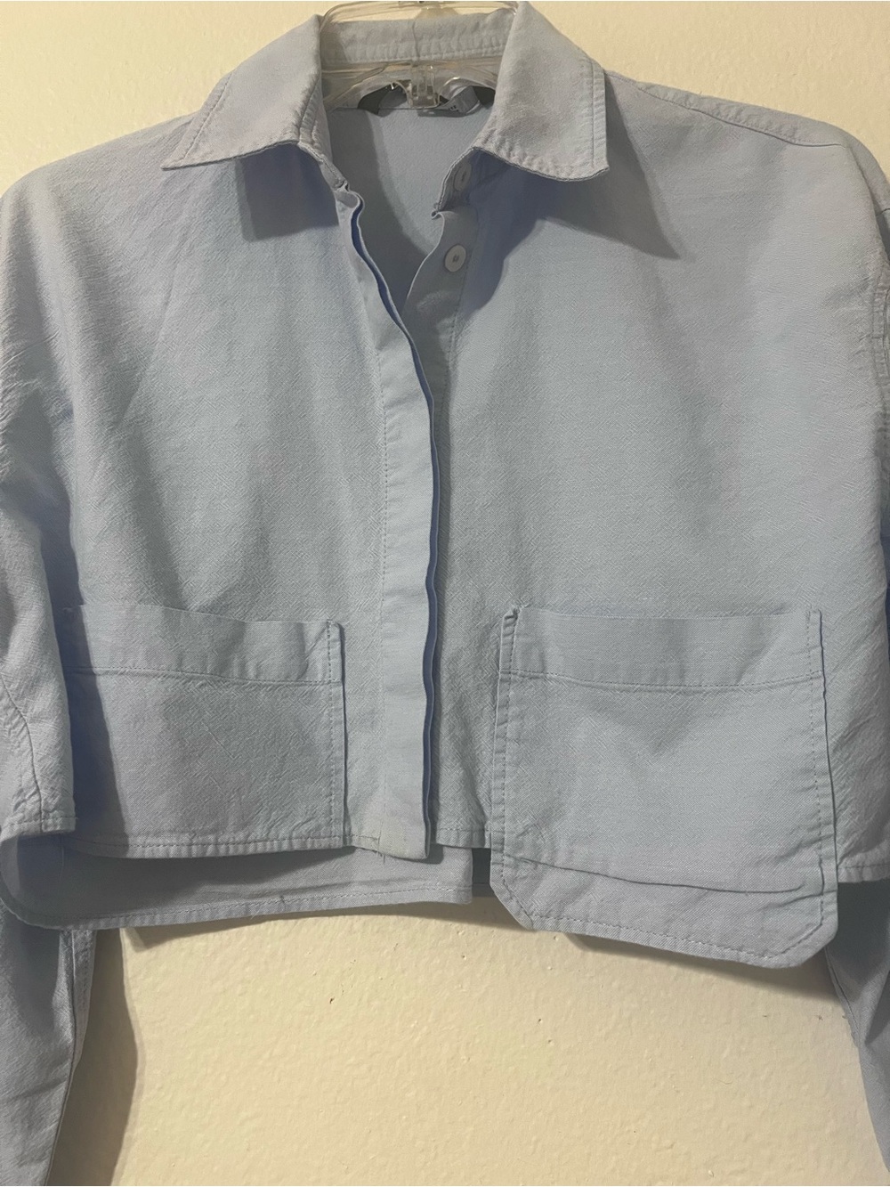Zara Light Blue Cropped Jacket with Patch Pockets